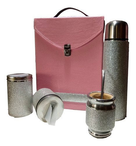 Set Matero Cartera Completo Rosa Doble Manija Termo De 1 Litro De Acero Inoxidable Yerbera Azucarera Mata Bombilla Mujer