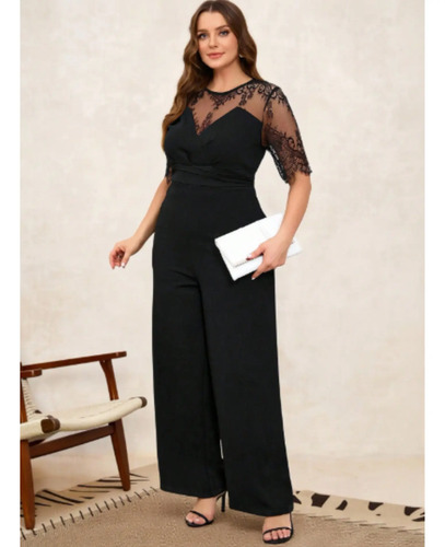 Jumpsuit Elegante Formal Negro Palazzo Detalle Encaje Curvy | Meses sin interés