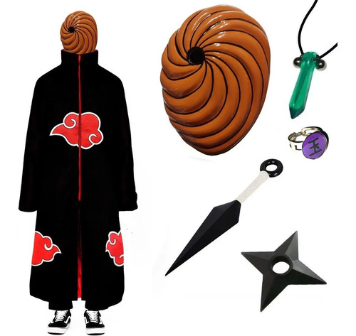 Kit Capa Akatsuki Máscara Tobi Kunai Shuriken Colar Anel T05