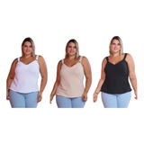 Regata Feminina Plus Size Kit 3pçs Alça Com Botão Ajustável