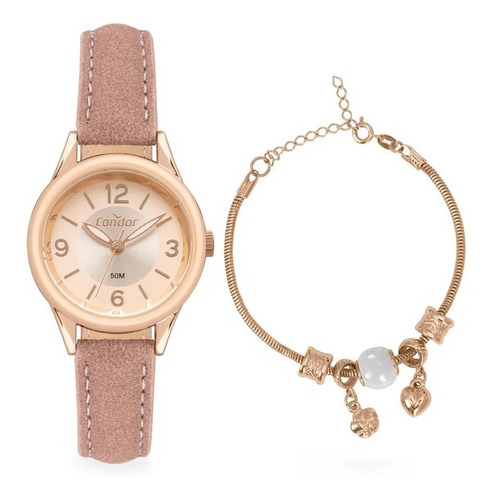 Relógio Feminino Condor Dourado Rose + Pulseira Com Berloque