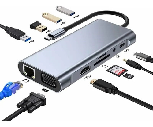 Adaptador Hub Usb C 10 En 1 Hdmi Rj45 Vga Sd Windows Macbook