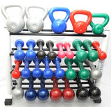 Estante C/12 Pares Halteres +5 Pçs Kettlebell Emborrachados