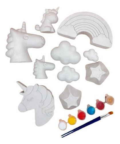 Figuras De Yeso 3 Unicornios 9 Pzs. + Pintura