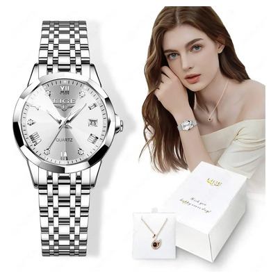 Reloj De Cuarzo Mujer Lige Elegante Redondo Con Collar Correa De Acero Inoxidable Esfera Blanco Con Plata Ideal Para Regalo Plateado Blanco/plata