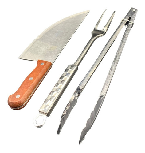 Set De Asado Cuchillo Hacha 34c Mango Madera Tenedor Y Pinza