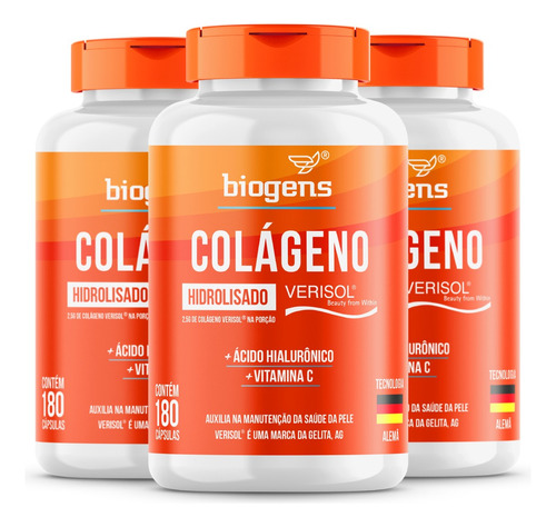 Kit 3x Colageno Verisol + Hialurônico + Vit C 180cps Biogens