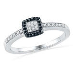 Plata Esterlina Diamante Redondo Blanco Y Negro Promise Ring