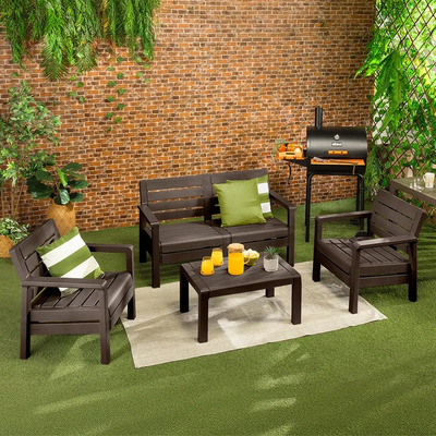 Juego Sala Jardín Sofá Doble Sillón Mesa Plástica Rimax Estructura Marrón Oscuro | Meses sin interés