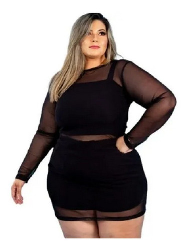 Conjunto Blusa Cropped Short Com Vestido De Tule Plus Size