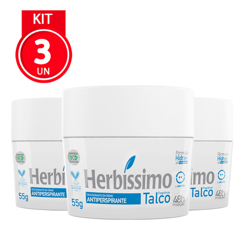 Kit 3 Unidades Desodorante Creme Herbíssimo Talco 55g