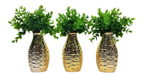  Kit Decorativo Sala C/ 3 Vasinhos Dourado + Planta Artif.