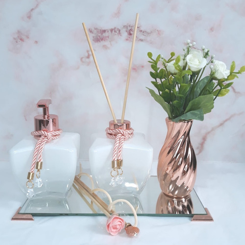 Kit Lavabo Luxo Rose Gold Branco Difusor Saboneteira Bandeja