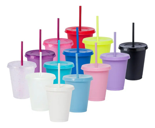 60 Vasos Reusables Con Popote Para Bebida Fría Mini 16 Oz