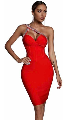 Vestido Bandage Rojo Pedrería Moda Dama Elegante Sexy