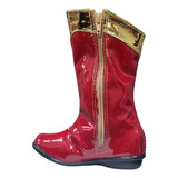 Bota Charol Rojo Oro, Mujer Maravilla Para Niña, Caña Media.