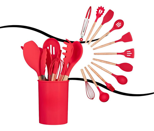 Kit C/12 Utensílios De Cozinha Silicone Cabo Madeira