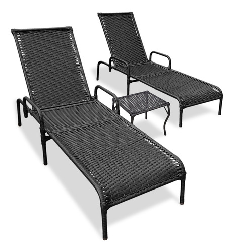 Kit 2 Cadeiras Reclináveis Em Ferro P/ Piscina Catar+mesa Cor Preto