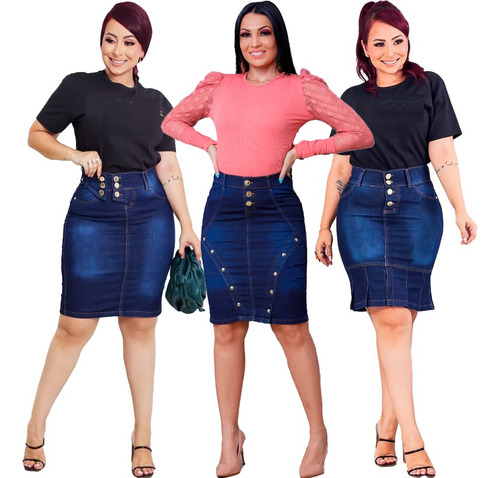 3 Saia Moda Evangélica Jeans Com Elastano Femininas