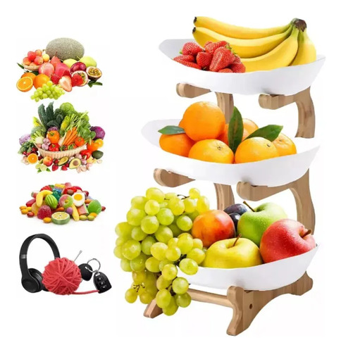 Frutero De 3 Niveles Acrílico Bambu Bandeja De Frutas Cocina