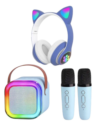 Fone Gatinho Bluetooth Infantil Led + Karaoke 2 Microfones  