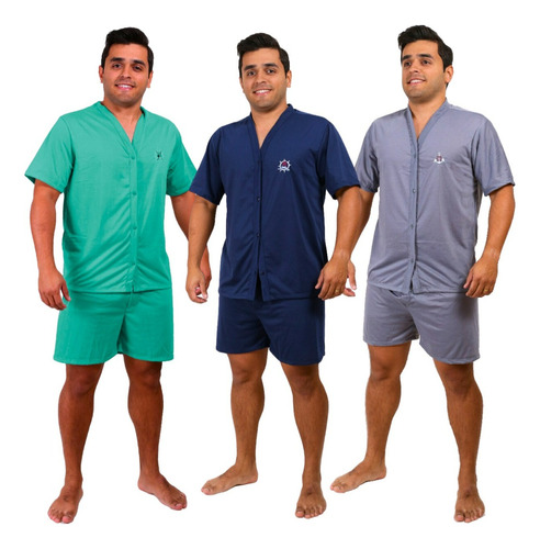 Kit 3 Pijama Curto Aberto Botão Malha Masculino Adulto Verão