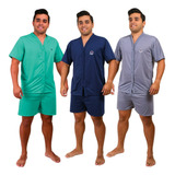 Kit 3 Pijama Curto Aberto Botão Malha Masculino Adulto Verão