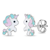 Pendientes De Unicornio De Plata De Ley 925 Con Esmalte Past