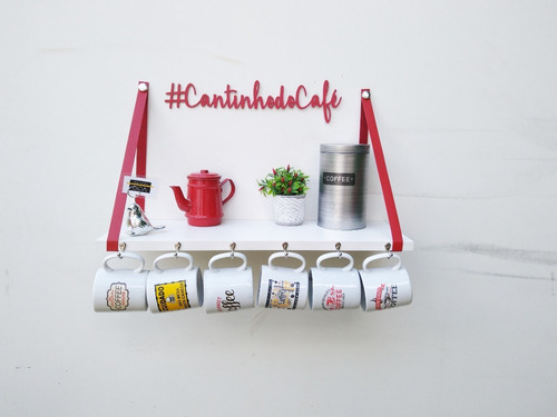 Prateleira Para Cantinho Do Café Couro  Frase Vermelho 60x25