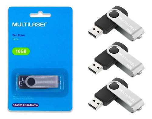 Kit 3 Pendrive Multilaser Twist 16gb 2.0 Preto-pd588 Atacado