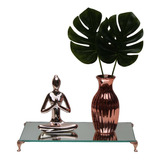 Estatua Yoga Meditação Rose + Vaso Com Planta + Bandeja