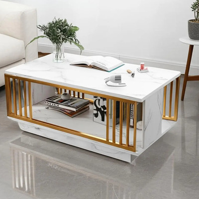 Mesa De Centro Moderna Metálica Rectangular De Sala Centro Color Blanco Mesitas Auxiliares Modernas De Dos Niveles Para Muebles De Sala De Estar, 100 X 50 Cm | Envío gratis
