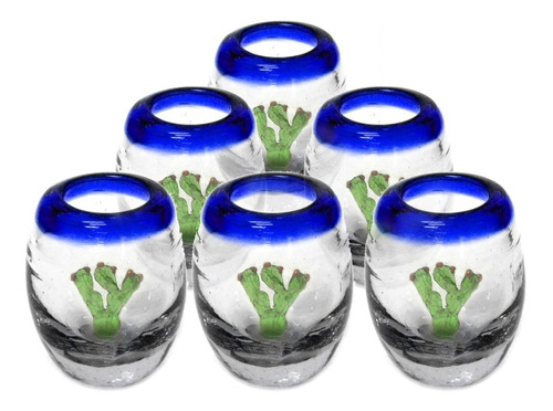 Set 6 Tequileros Barril -vidrio Soplado Borde Color Y Cactus
