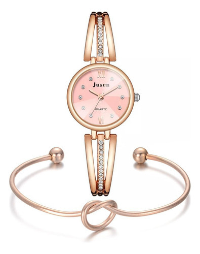 Relógio Feminino Pequeno Rosé Dourado Luxo + Pulseira Charm Cor Do Bisel Dourado Rose