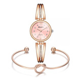Relógio Feminino Pequeno Rosé Dourado Luxo + Pulseira Charm Cor Do Bisel Dourado Rose
