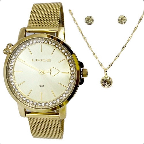 Relógio Lince Feminino Original Barato Dourado Pedras Strass