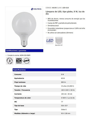 Lámpara De Led, Tipo Globo, 8 W, Luz De Día Volteck 46195