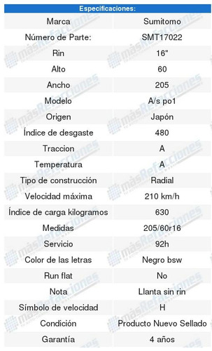 2llantas Radial 60 A/s Po1 R16 92h 205 Sumitomo