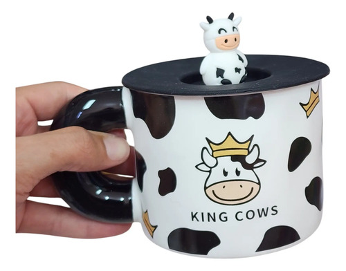 Taza De Porcelana Esmaltada Con Tapa De Plástico Figura Vaca