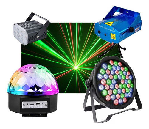 Combo Luces Led Dj Fiesta Bola + Proton 54 + Laser + Flash