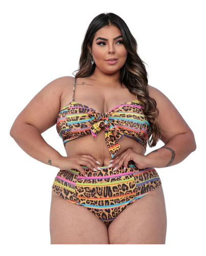 Hot Pant Biquini Estampado Plus Size Cintura Alta Com Bojo