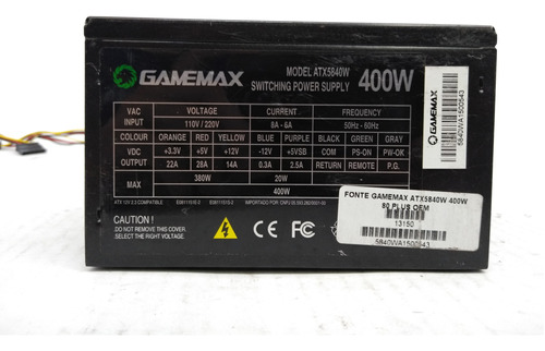 Fonte De Alimentação Gamemax 400w Atx5840w - Defeito