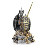 Estatueta Dragão Guardião Tesouro Prata Com Dourado Espada 