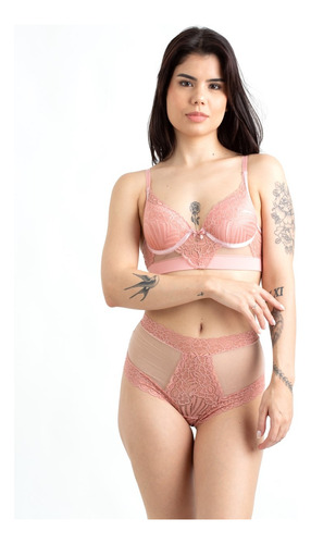 Conjunto Lingerie Sensual Cropped E Calcinha Laços De Cetim