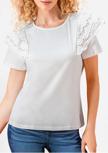 Blusa Casual Andrea Para Mujer Manga Corta Con Olán Blanco