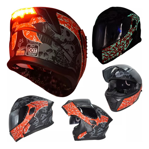 Casco Abatible Para Moto Half Bandido Luz Led Naranja Dot