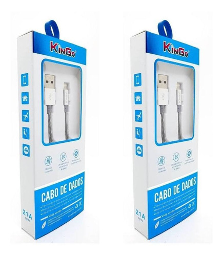 Kit 2 Cabos Metal Reforçado Kingo 1m 2.1a Para iPhone 7 Plus