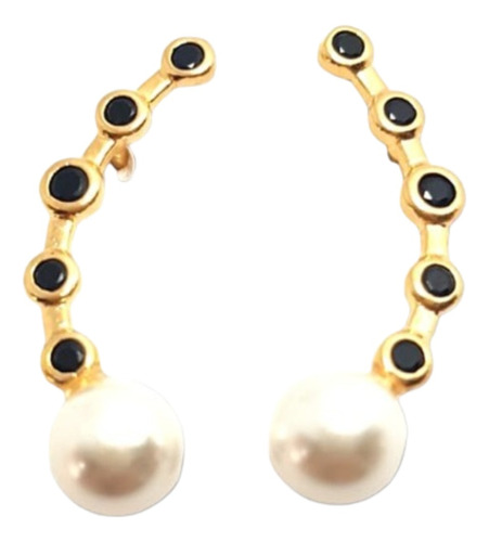 Aros Colgantes Perla Azabache Oro Laminado 18k Bellanel