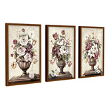 Trio Quadros Decorativos Parede Sala Quarto Vaso De Flores