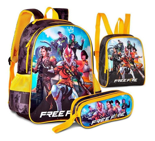 Kit Mochila Costas + Lancheira + Estojo Free Fire Com Capuz